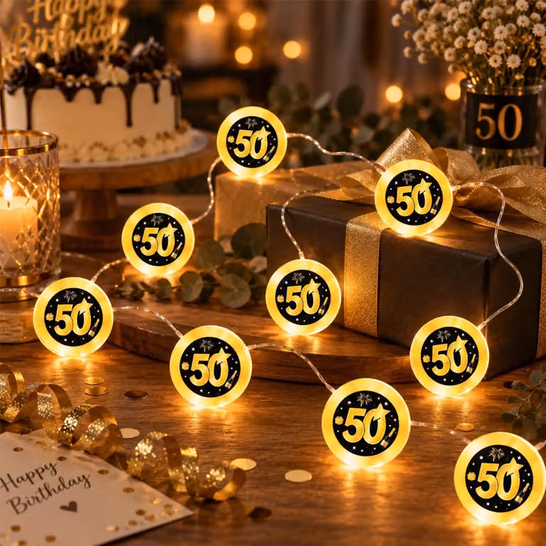 Catena luminosa da 2 metri, con 20 LED bianco caldo, decorazioni a tema anni '50, colore nero e oro