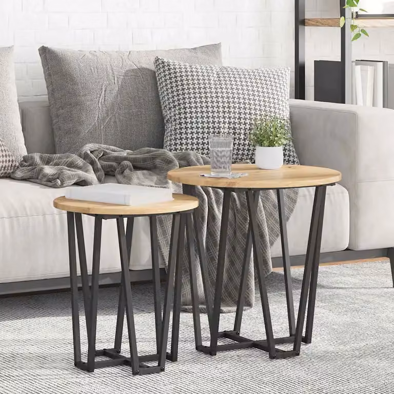 Set di 2 tavolini rotondi vidaXL in stile industriale, colore rovere e nero, L/P/H: 50 x 50 x 50,5 cm