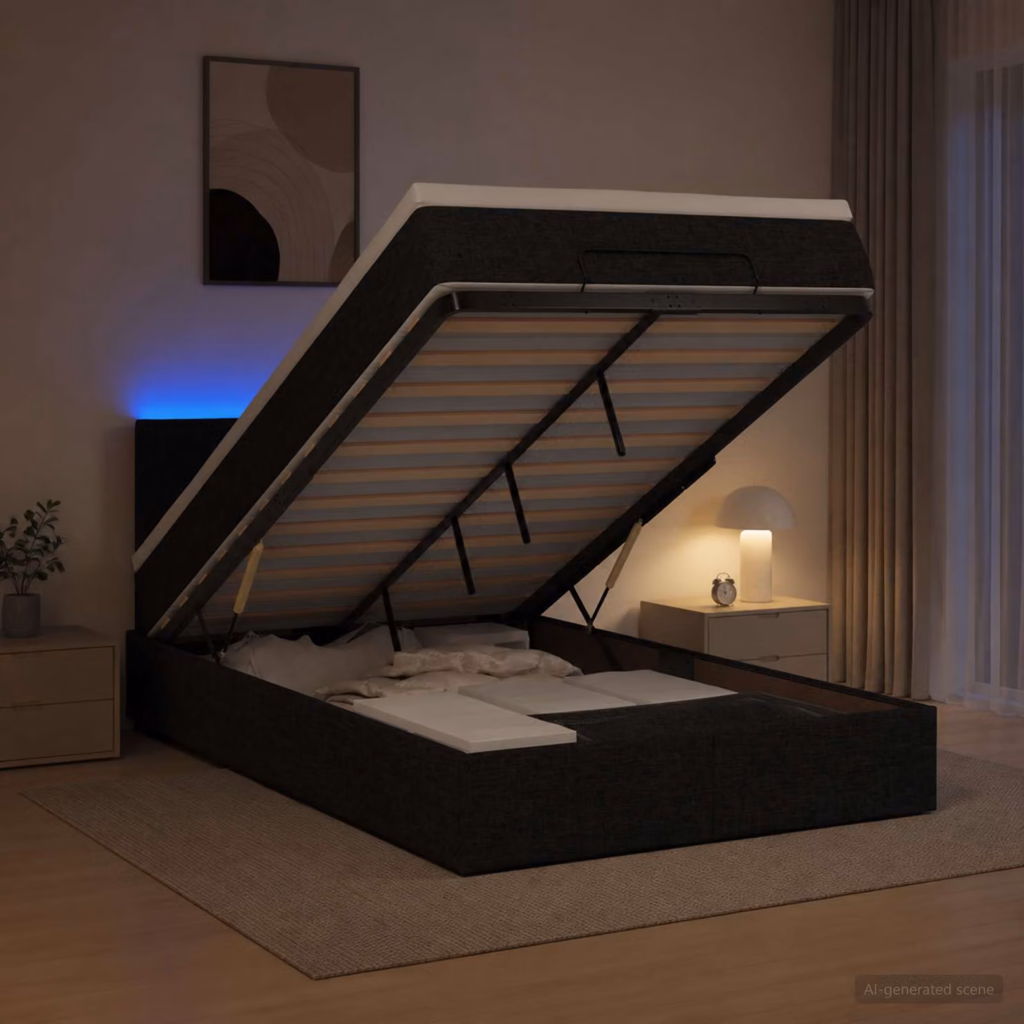 Letto Ottomano vidaXL con Materasso e Illuminazione LED in Tessuto Nero L/P: 120 x 200 cm
