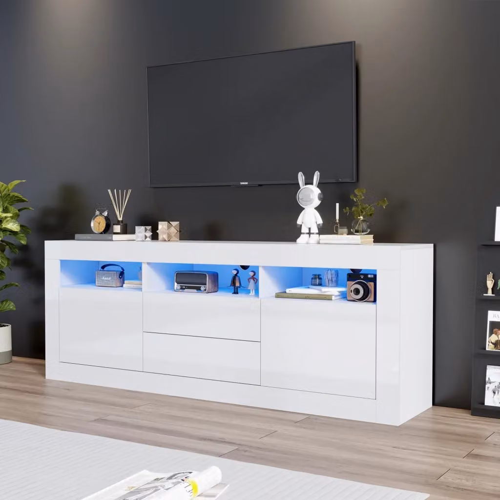 Mobile TV Chicfurn moderno in legno bianco lucido con 2 ante, 2 cassetti, 3 vani aperti, illuminazione LED e passacavi per soggiorno L: 160 cm, P: 35 cm, H: 60 cm – 2
