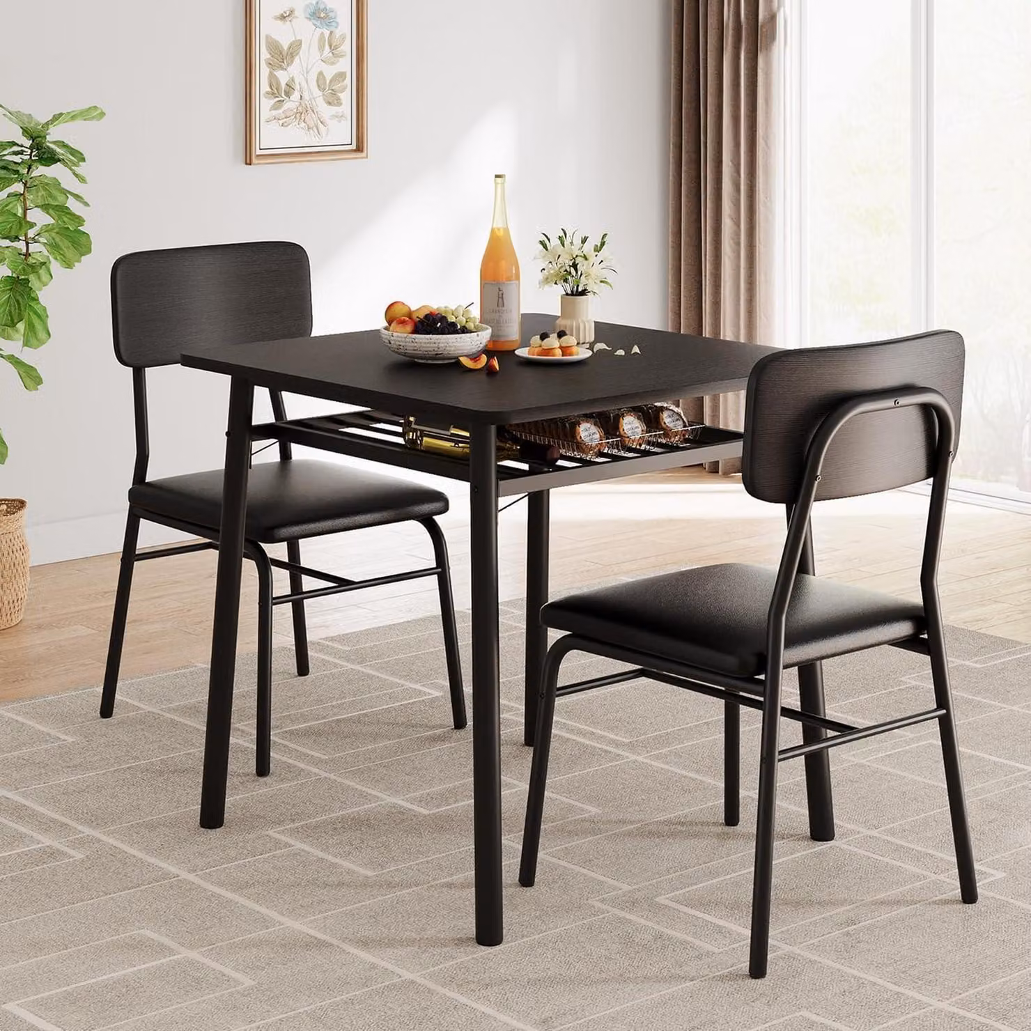 Set da pranzo componibile per 2 persone, composto da tavolo quadrato, scaffale contenitore e 2 sedie imbottite, colore nero