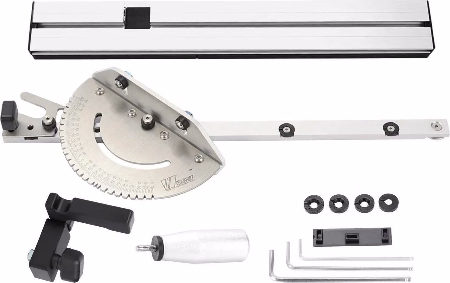 Guida angolare per sega circolare da tavolo - Set combinato - Binario da 450 mm - Guida Flip-Stop - Dispositivo per incastri a pettine/giunti a scatola - Guida angolare di precisione - Bianco