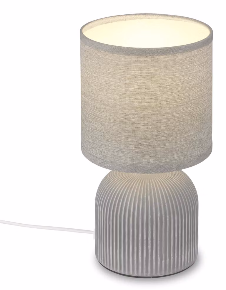 Lampada da tavolo con paralume in tessuto e base in Vetroceramica, grigia, dimensioni 15x28 cm