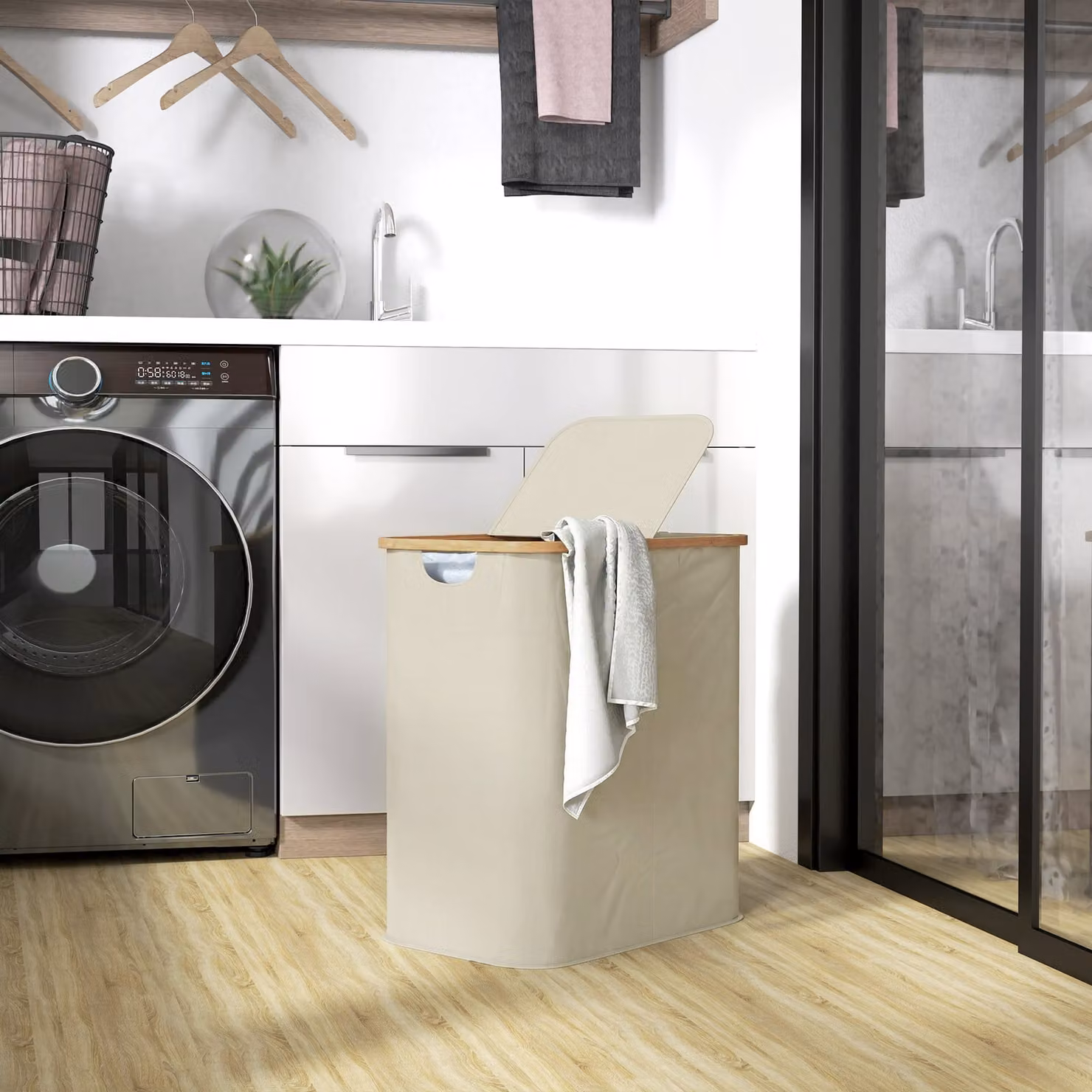 Cesto portabiancheria HOMCOM da 80L a 2 sezioni con coperchio in tessuto non tessuto e bambù, Beige, L: 54 cm, P: 34 cm, H: 58.5 cm – 2