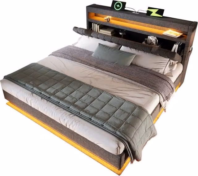 Letto matrimoniale 140x190 cm con contenitore; testiera con USB e Type-C; LED; grigio