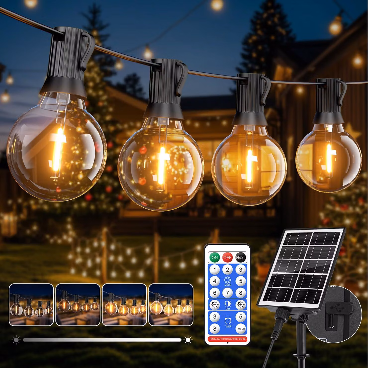 Catena luminosa solare, 15 metri, 19 LED G40, luce bianco caldo, grado di protezione IP65, 8 modalità