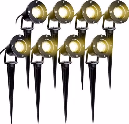Set di faretti da giardino a LED con 8 aste - Attacco GU10 - Illuminazione da esterno con cavo - Impermeabile IP65 - Bianco caldo