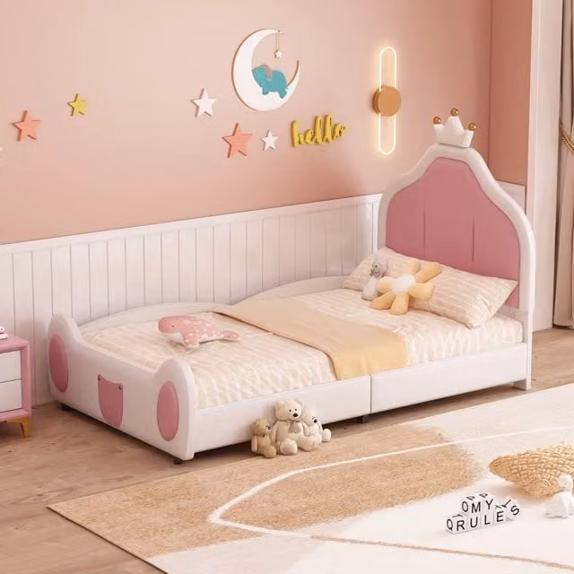 Letto singolo imbottito per bambini 90 × 200 cm con testiera a corona in pelle sintetica bianco e rosa portata 200 kg