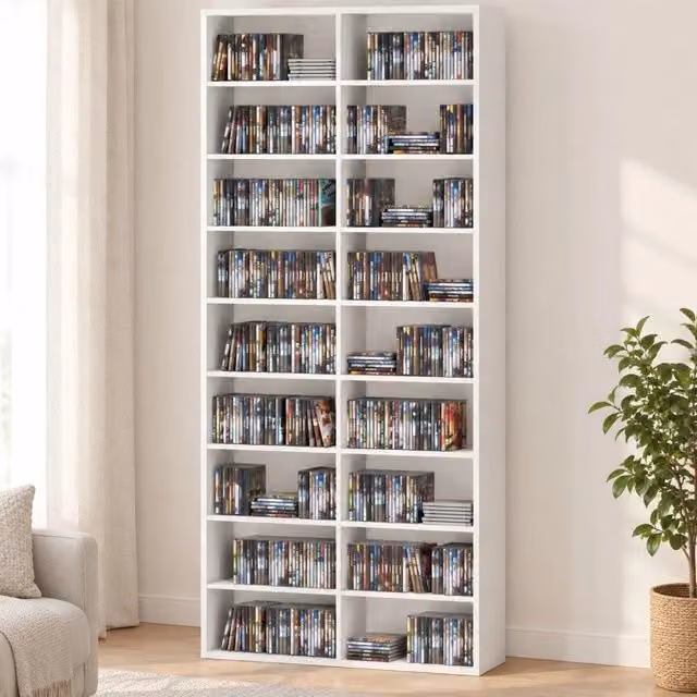 Desviae Libreria multimediale alta con 14 ripiani regolabili in legno bianco per CD DVD e blu-ray 78,5 × 24 × 175 cm