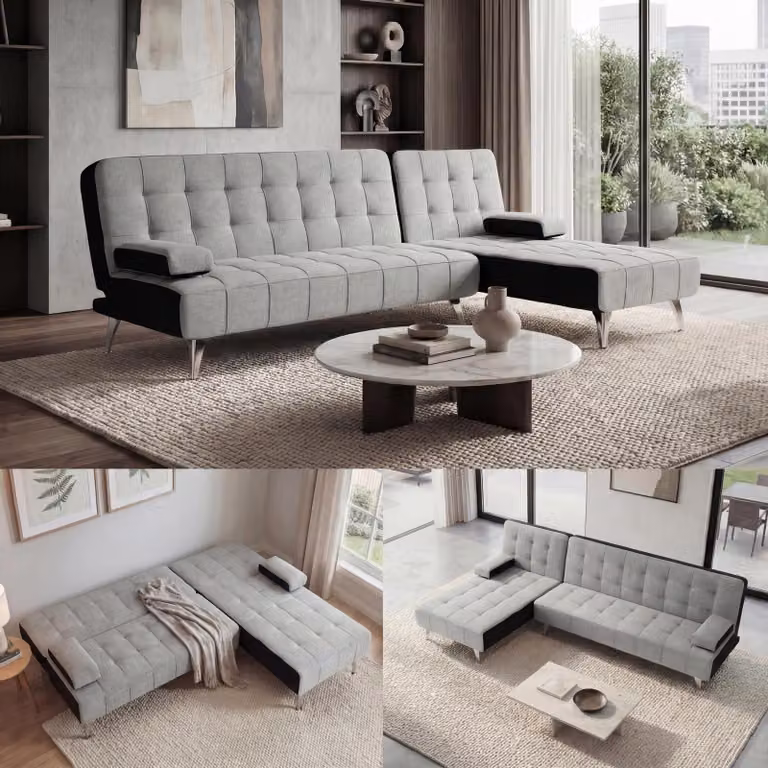 Divano letto HWC-K22, divano angolare Divano, superficie reclinabile a sinistra/destra funzione letto 236cm ~ tessuto/tessuto grigio chiaro, nero