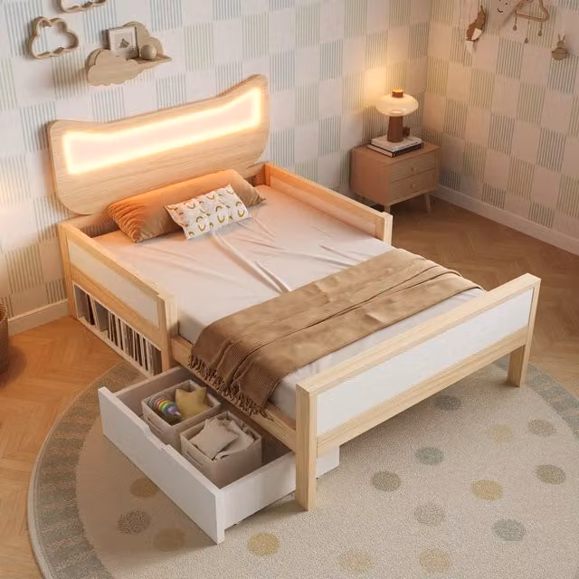 Letto Singolo Bambini con Testiera Orecchie Gatto, LED RGB, Cassetto e Rete a Doghe ¨C MINIMAL ¨C Bianco/Rovere 90x200