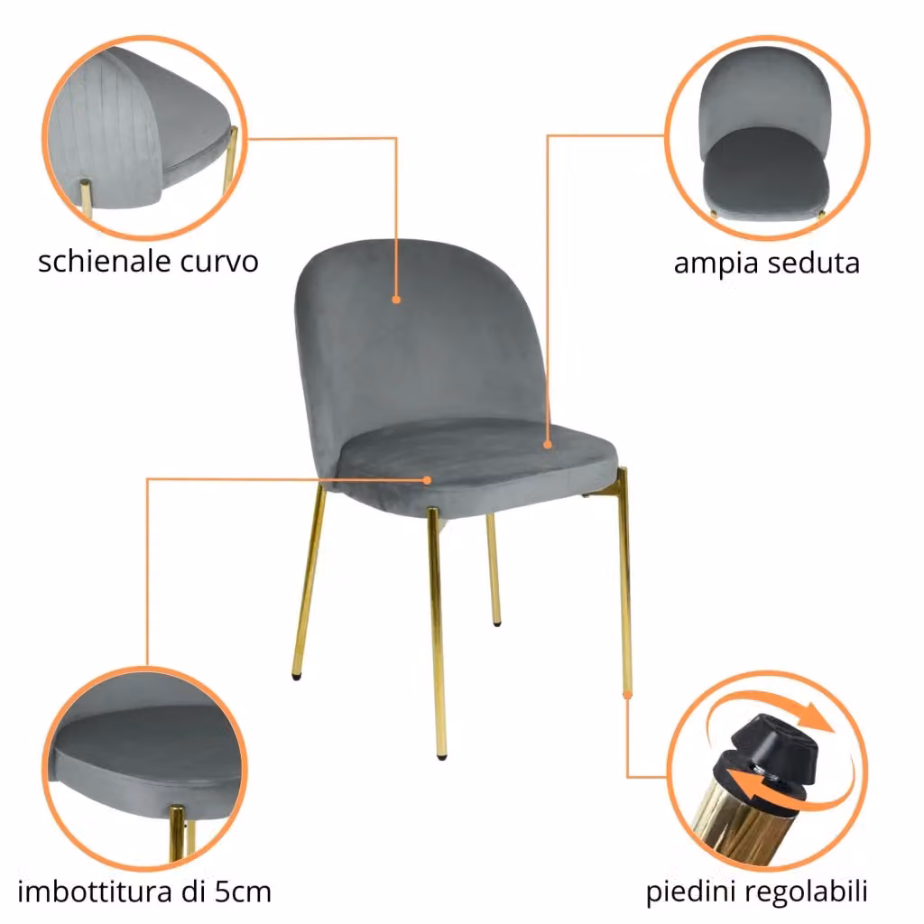 Set di 2 sedie Marvin in velluto grigio con gambe in metallo dorato lucido – 2