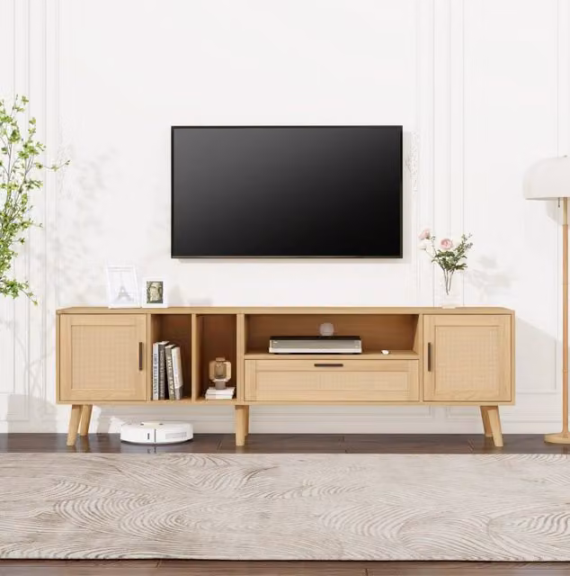 Mobile TV ULEVR 180 cm effetto rovere con 2 ante, 1 cassetto e dettagli in rattan, per TV fino a 80 pollici