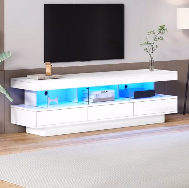Mobile TV bianco lucido con LED e app, 160x38x50,5 cm, per TV fino a 70" con 3 ripiani in vetro