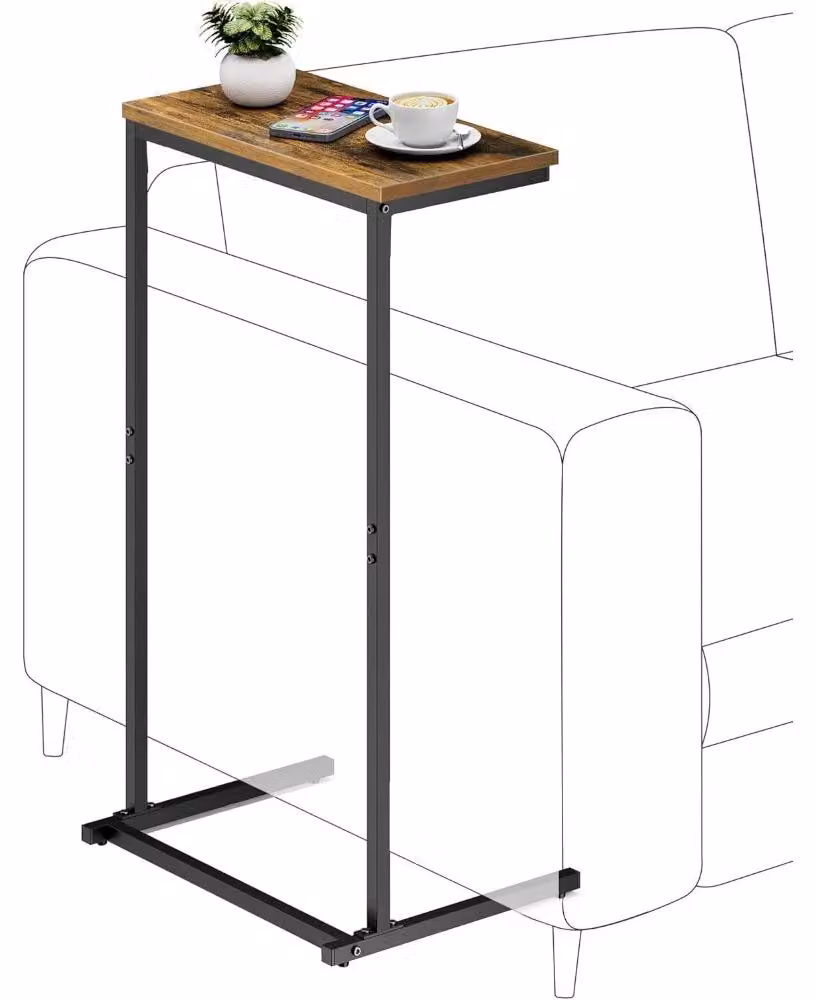 Tavolino a forma di C - Tavolino da divano - 20 x 40 x 72,5 cm - Struttura in metallo - Piano in pannello di legno - 4 piedini in plastica regolabili - Marrone