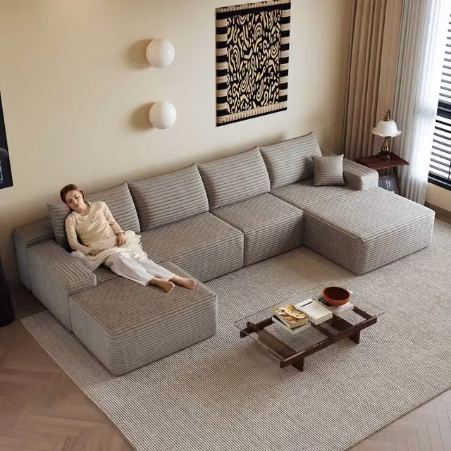 Divano modulare angolare con chaise longue a L 340 cm, tessuto in velluto a coste, 5 posti color cammello