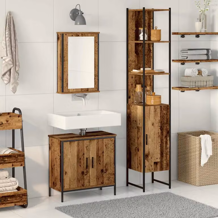 Set di mobili per il bagno moderno vidaXL composto da 3 pezzi in legno marrone e nero con armadietto a specchio, mobile lavabo e mobile laterale sospeso