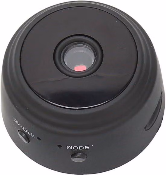 Piccola telecamera rotante a 360 gradi, con visione notturna e connessione Wi-Fi, di colore nero.