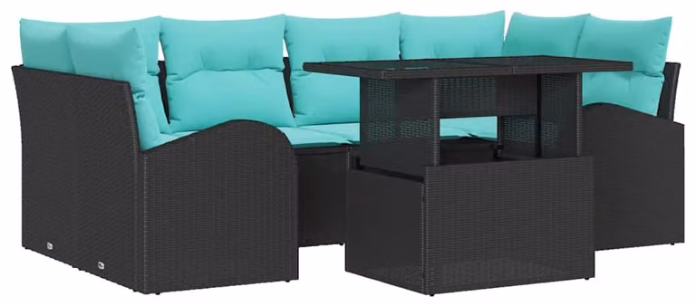 Set di divani da giardino, 7 pezzi, colore nero e turchese
