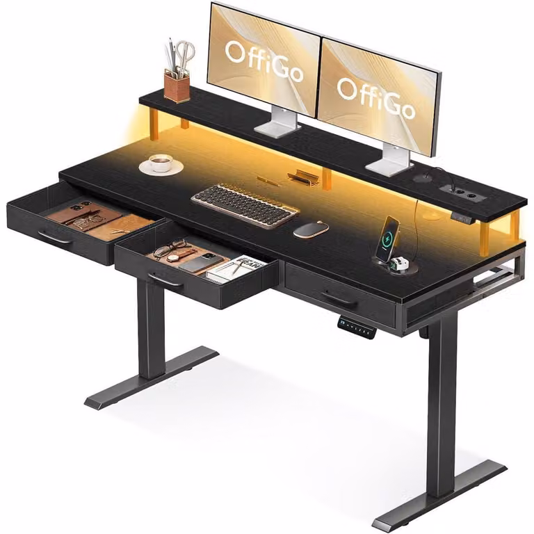 Scrivania elettrica con cassetti, regolabile in altezza fino a 140 cm, supporto per monitor, prese di corrente, barra luminosa LED, colore nero