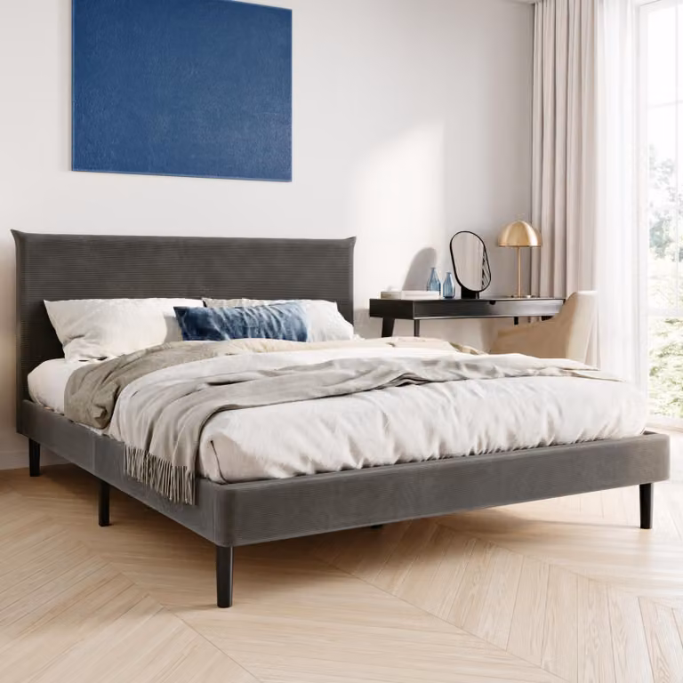 Letto con rete a doghe, letto imbottito, struttura letto 160x200 cm, grigio, rivestimento in velluto a coste