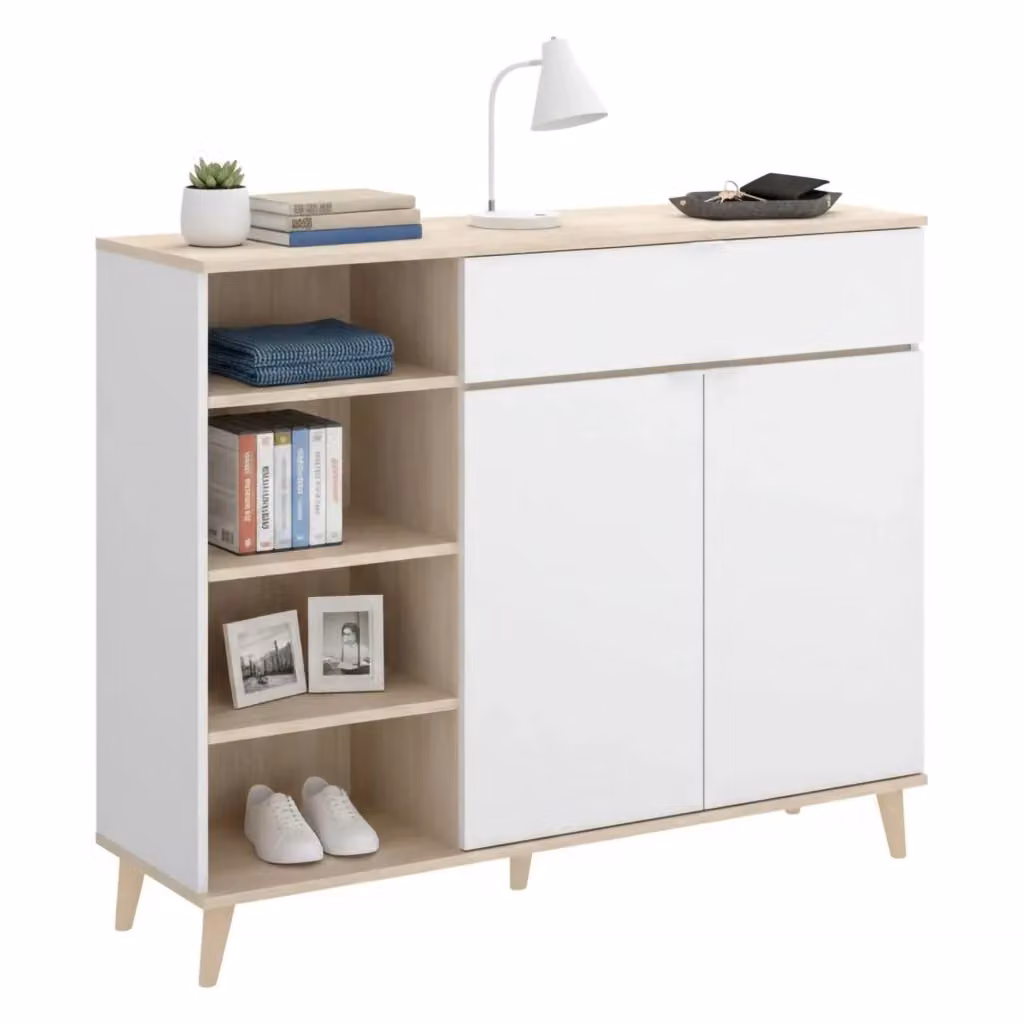 Credenza Aleandro DMORA, Madia moderna da soggiorno a 2 ante, Bianco e Rovere, L: 120 cm, P: 40 cm, H: 102 cm – 2