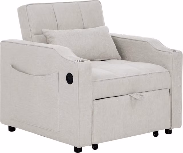 Poltrona letto 3-in-1 con porta USB/Type-C, letto divano 190 cm con portabicchieri in acciaio inox e schienale regolabile a 3 posizioni, tasche laterali, colore crema