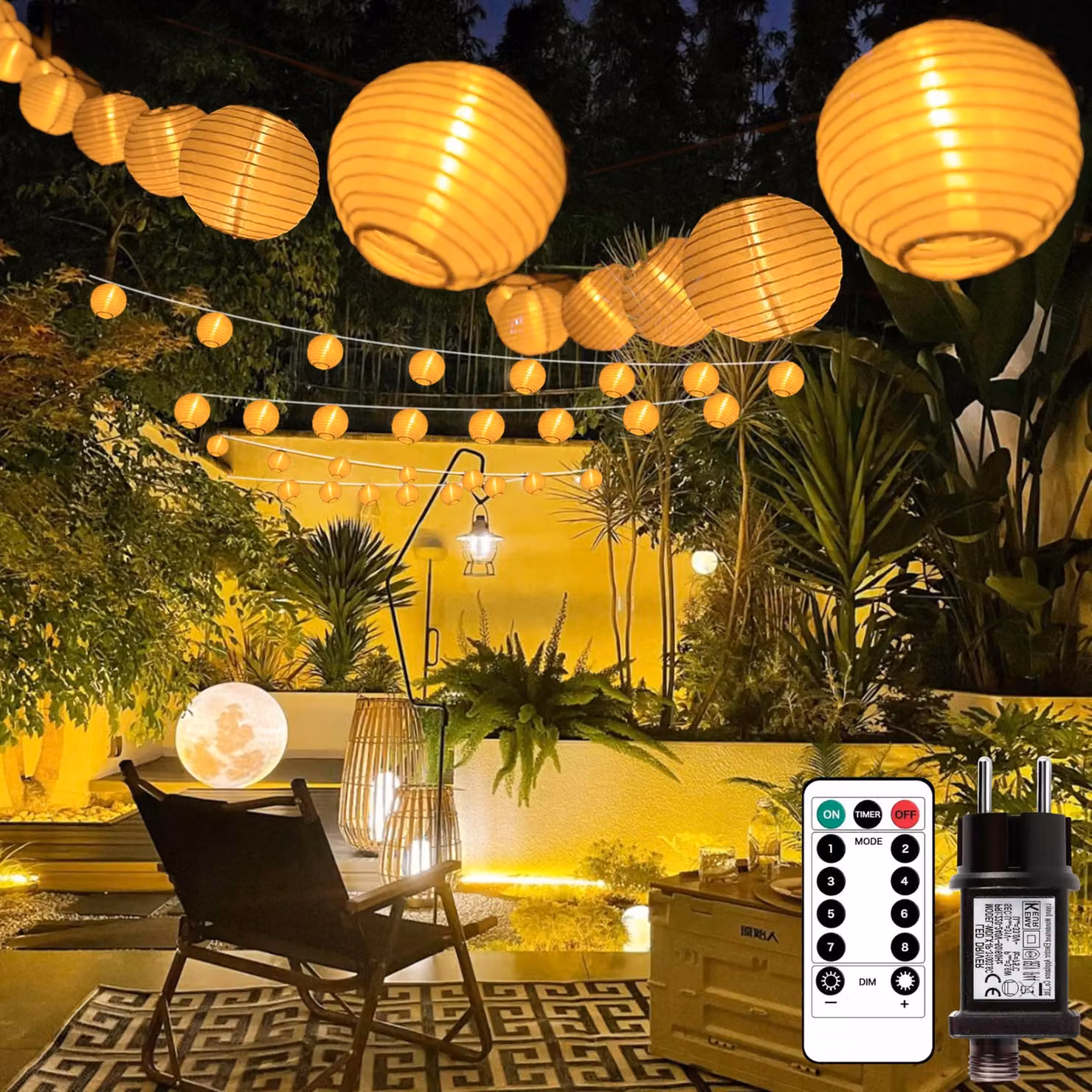 Catena luminosa a forma di lanterne, 11 metri, 30 LED, luce bianco caldo, 8 modalità, timer, telecomando