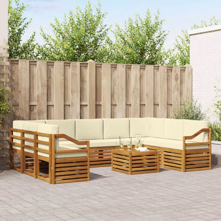 Set di divani da esterno vidaXL a forma di L in legno di acacia con tavolo da caffè e cuscini, Beige e Marrone