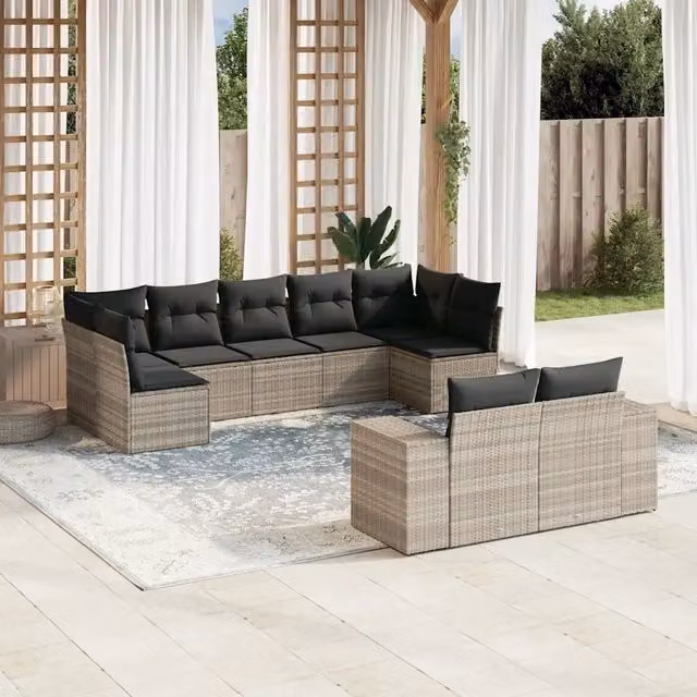 Set Divano da Giardino 9pz con Cuscini Grigio Chiaro Polyrattan 3223021