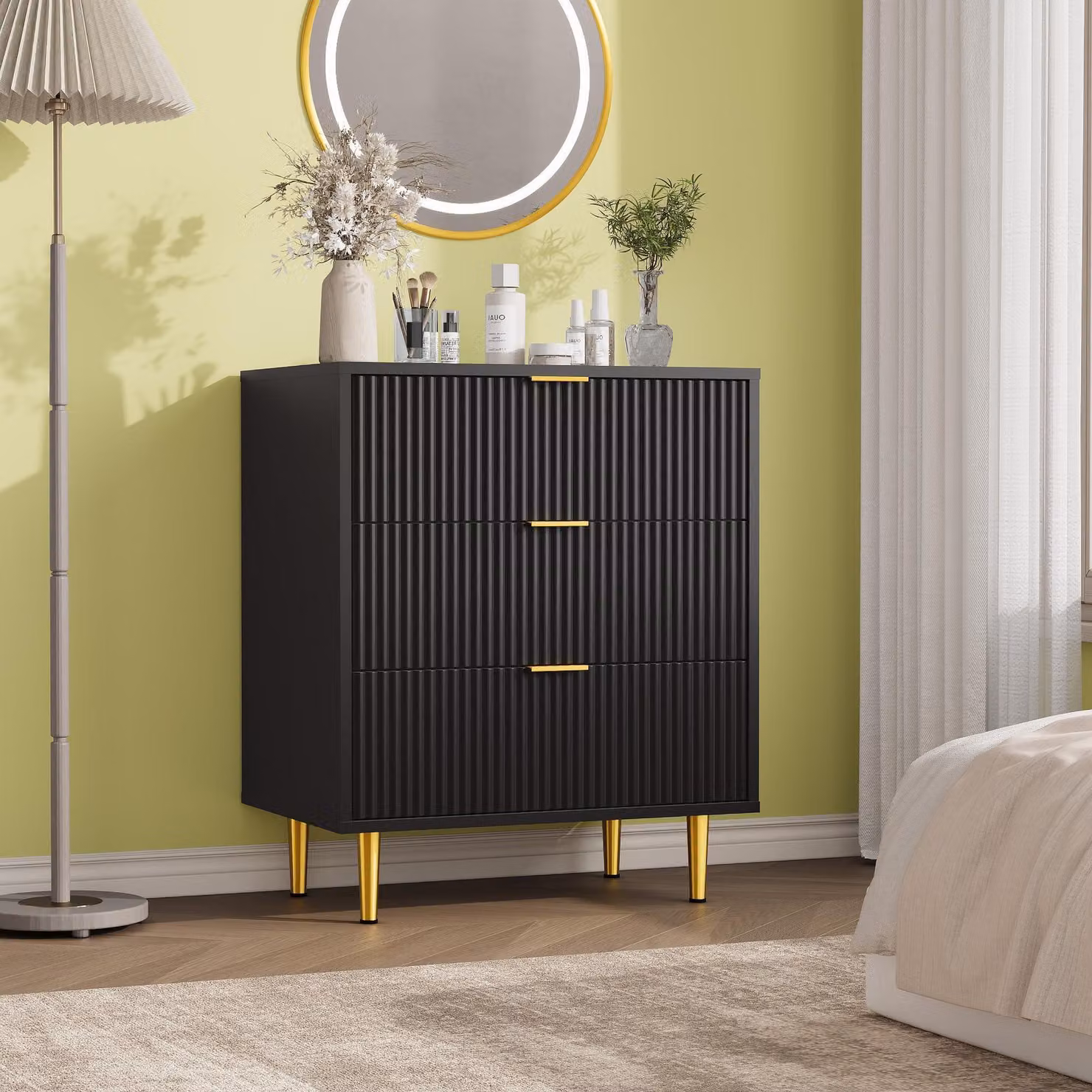 Comodino con frontale scanalato, 3 cassetti, adatto per la camera da letto o il soggiorno, colore nero strutturato