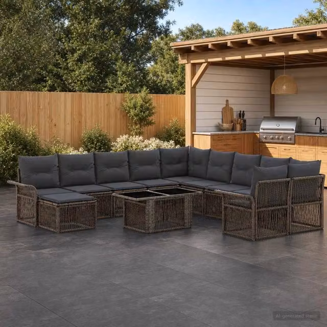 Set Divano da Giardino vidaXL a Forma a U in Polyrattan Grigio e Antracite con Cuscini e Tavolino