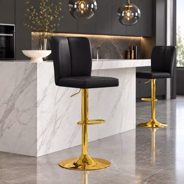 Set 2 sgabelli bar altezza 63-85 cm neri oro, PU e metallo girevoli