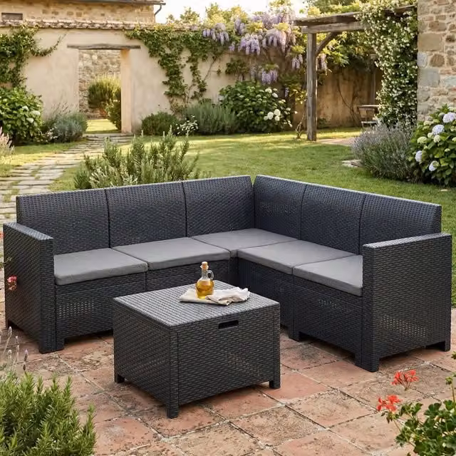 Set da giardino Somnus DMORA con divani e tavolino, salottino a L effetto rattan con cuscini, Antracite – 1