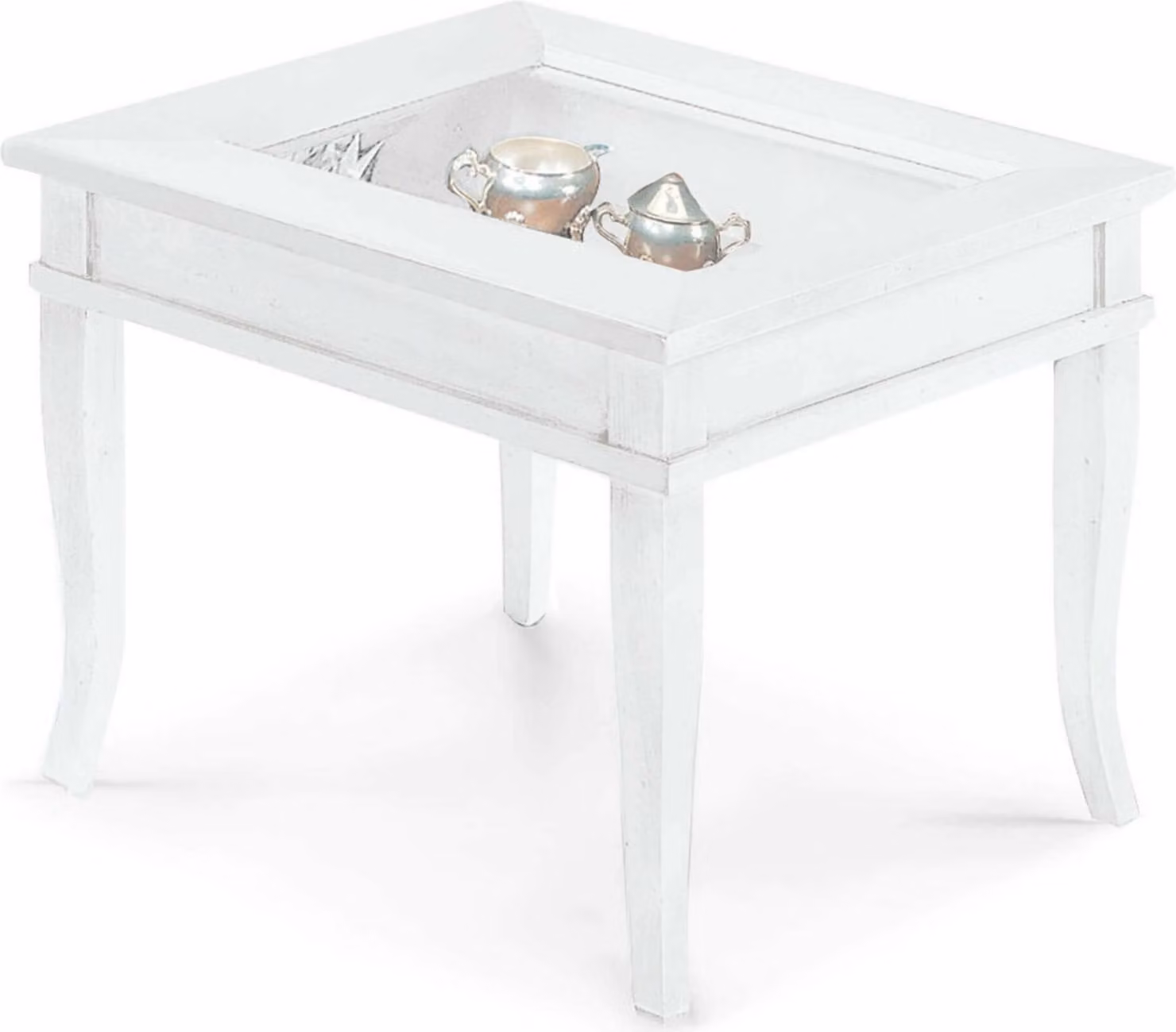 Milani Home - tavolino da salotto bacheca 60 x 60 cm, bianco, legno massello e vetro