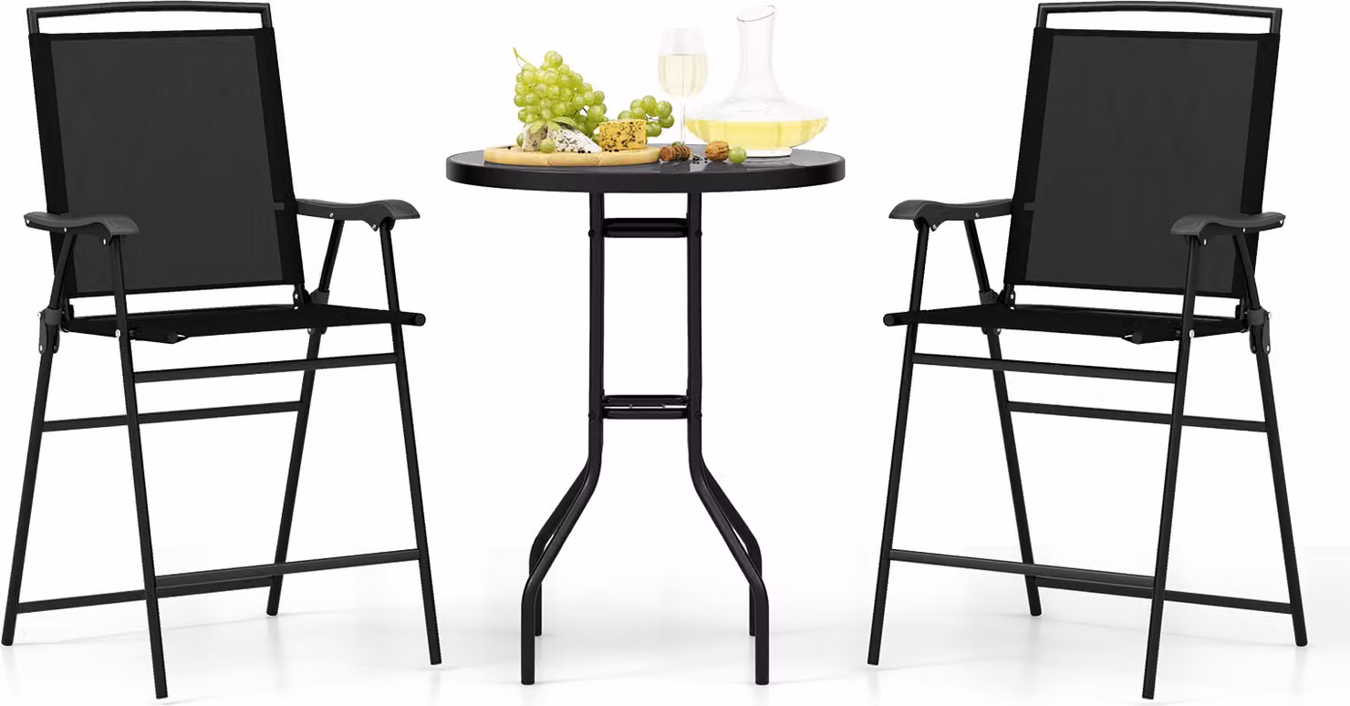 COSTWAY Tavolo bistrot 3 pezzi con 2 sedie pieghevoli e foro per ombrellone, set di mobili da giardino, gruppo di sedute, set da giardino nero
