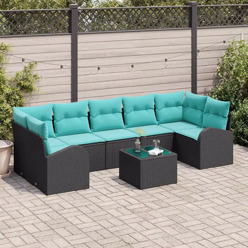 Set Divano da Giardino vidaXL 8 Pezzi a Forma di U con Tavolino, Colore Nero e Turchese