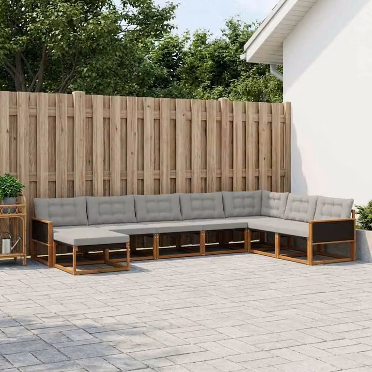 vidaXL Set di divani da esterno a L composto da 8 pezzi in legno di acacia con cuscini beige e grigi