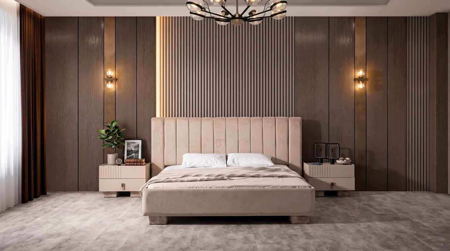 Set di mobili da camera da letto color beige, comprendente letto e comodini. Arredamento per camera da letto, mobili di design