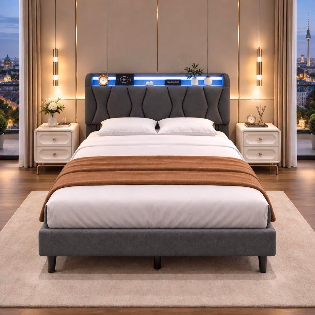 Letto imbottito INONEFT, modello per giovani, 160 x 200 cm, con USB, letto matrimoniale con LED, struttura letto silenziosa con testiera in lino (grigio, 160 x 200 cm)