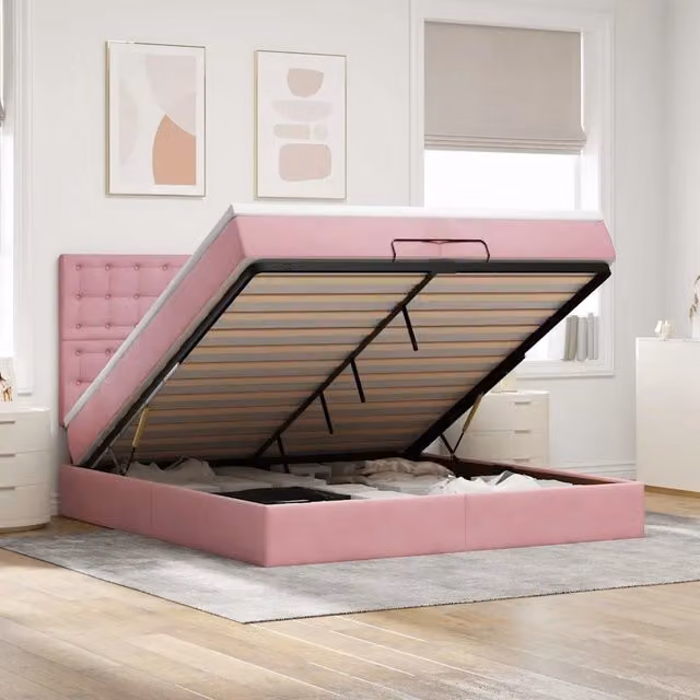Letto con contenitore a sollevamento vidaXL in velluto rosa e bianco L/P/H: 203 x 200 x 280 cm – 1