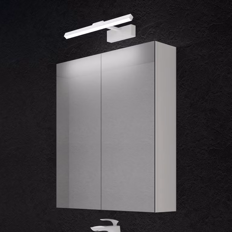 doporro Armadietto a Specchio 60x15x70cm con Lampada da Specchio LED per Bagno 40cm, 9W 4000K, Specchiera Bagno Mobilettto da Parete Bianco con 2 Ante e Applique Specchio Bianco, Spiegelschrank 02