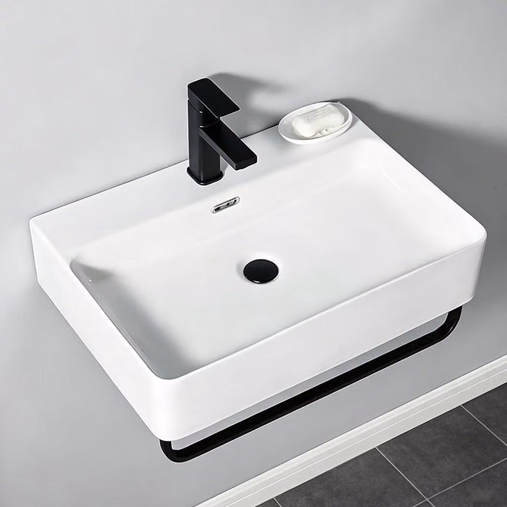 Lavabo da parete in Vetroceramica, dimensioni 61x36 cm, rettangolare, con portasciugamani e sistema antiscottatura