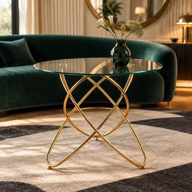 Tavolo da pranzo rotondo 80 cm oro – piano in vetro temperato, gambe in metallo