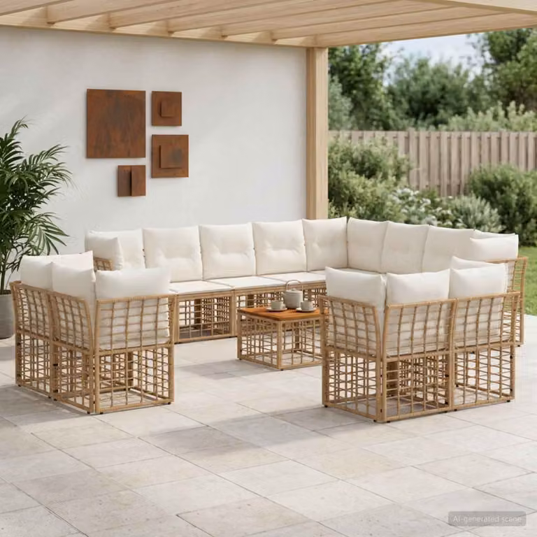 Set di divani da esterno vidaXL 13 pezzi per 12 persone, design moderno a L con tavolino e cuscini, colori beige, marrone e bianco
