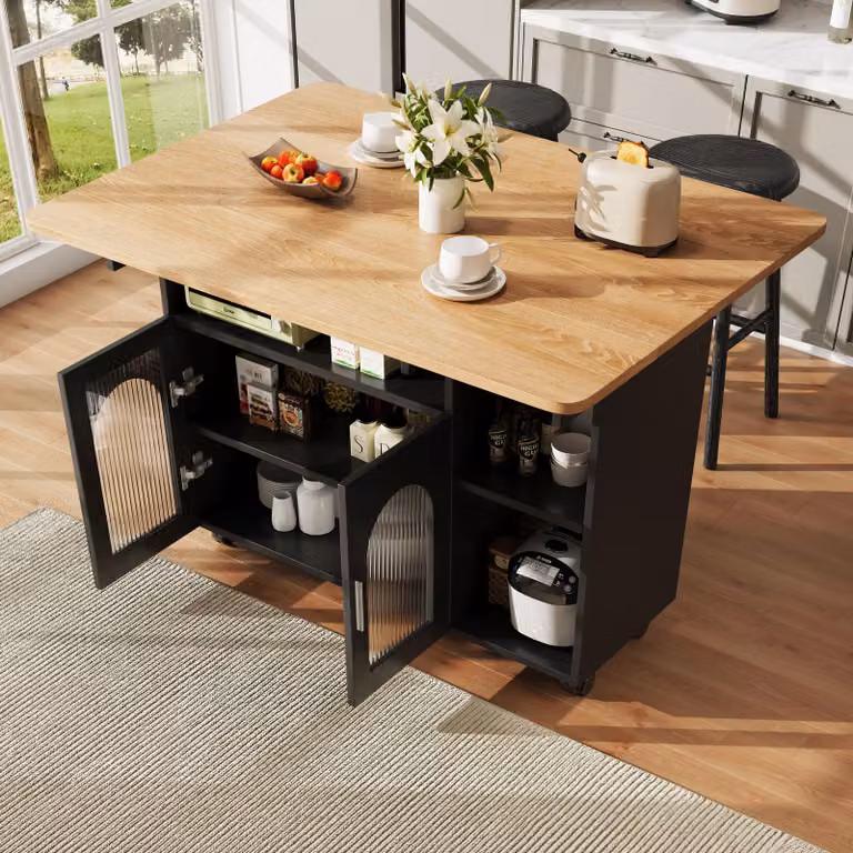 Isola cucina Fortuna Lai, Isola cucina moderna, Mobile cucina, Carrello di servizio rimovibile, Credenza, Carrello portavivande con venature del legno, Credenza, Tavolo da pranzo multifunzionale con spazio di archiviazione, Nero