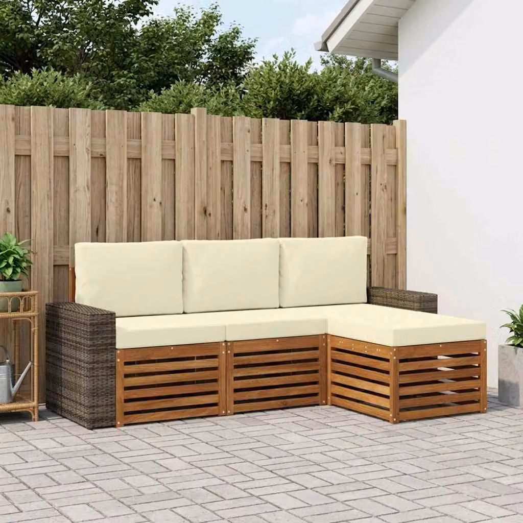 Set di divani da esterno vidaXL 4 pz in legno di acacia con cuscini, forma a L, colori beige, bianco e marrone
