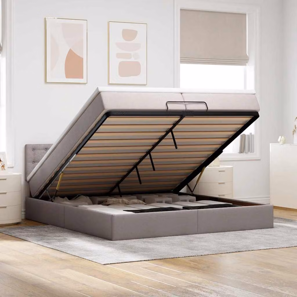 Letto matrimoniale con contenitore a sollevamento vidaXL in tessuto beige e grigio con luci sottostante e porte USB, L: 200 cm, P: 200 cm, H: 280 cm – 1