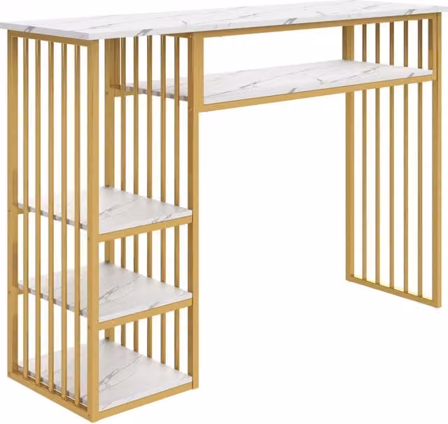 Tavolo Bar con Ripiani, 140×40×105 cm, Piano MDF effetto Marmo e Struttura in Metallo Dorato