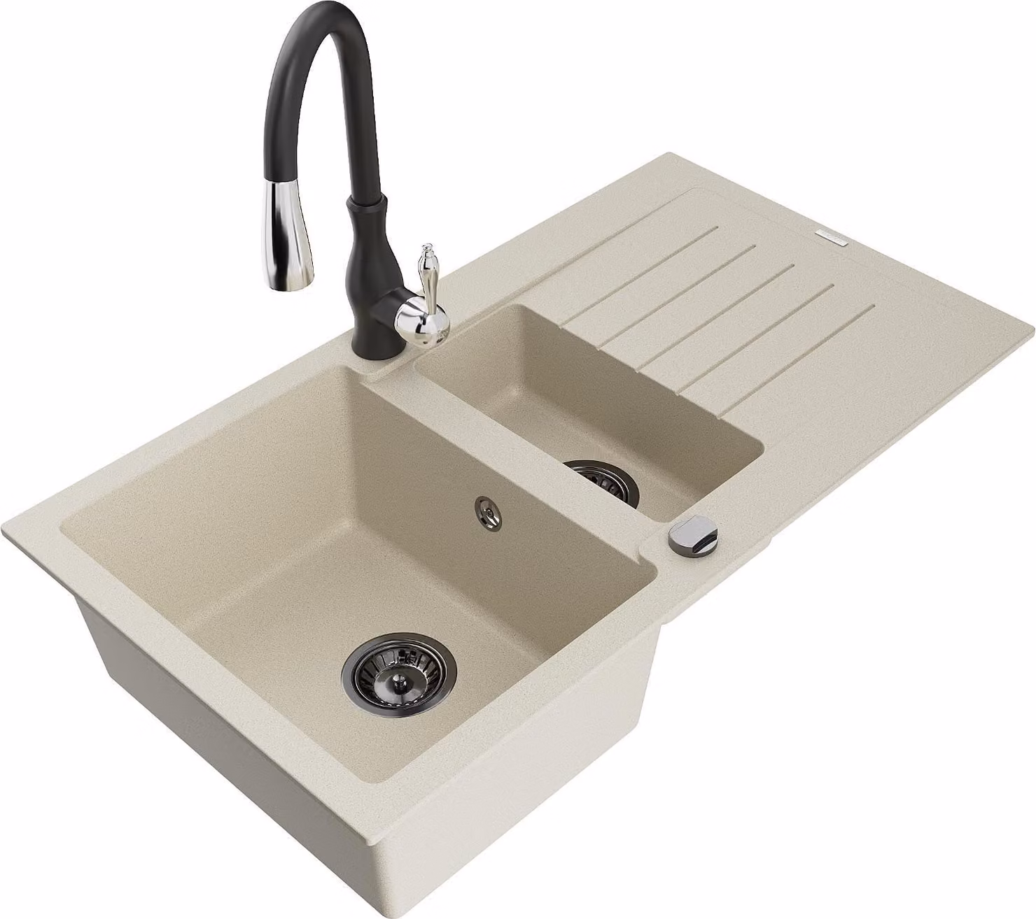 Mexen Matias lavello in granito 1,5 vasche con scolapiatti e rubinetto da cucina Savita, beige - 6502-69-672601-70